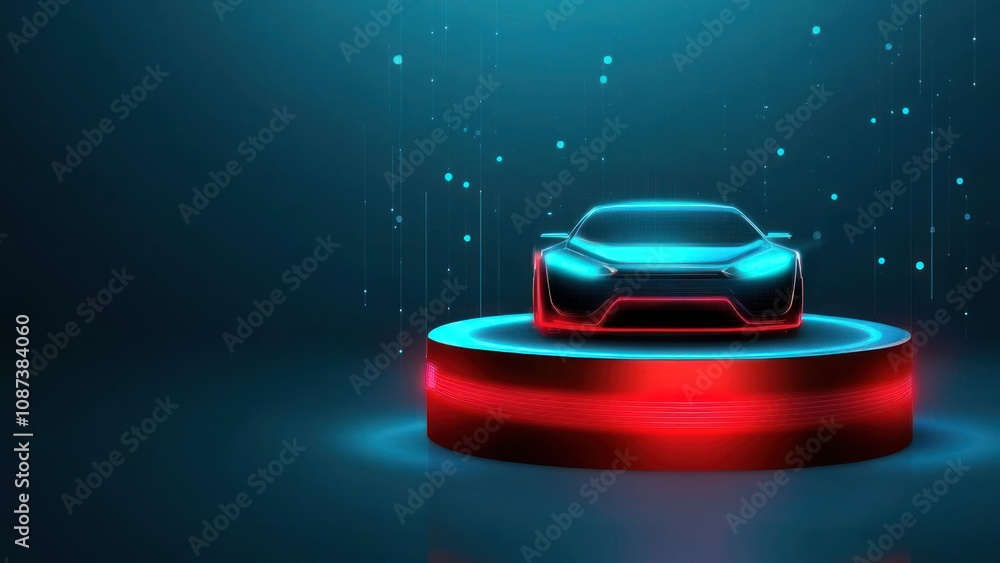 Poster a futuristic car displayed on a glowing platform with a blue and red color scheme.
