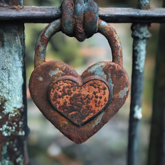 Close up of old rusty metal padlock in the shape of a heart, suspended over a metal fence. Divorce concept. Valentine's Day concept in solitude.