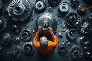Overhead View of Heavy Steel Machinery Being Operated in a Manufacturing Environment with Intricate Components and Skilled Worker Focused on Precision