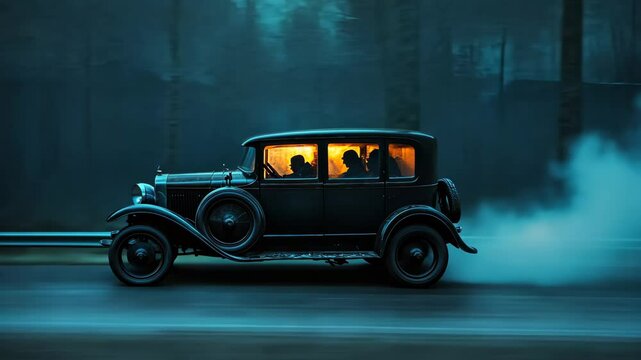 Vintage car speeding on countryside road at night