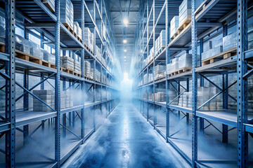 Obraz premium A spacious warehouse aisle lined with shelves filled with boxes, illuminated by bright lights, creating a vibrant and organized environment.