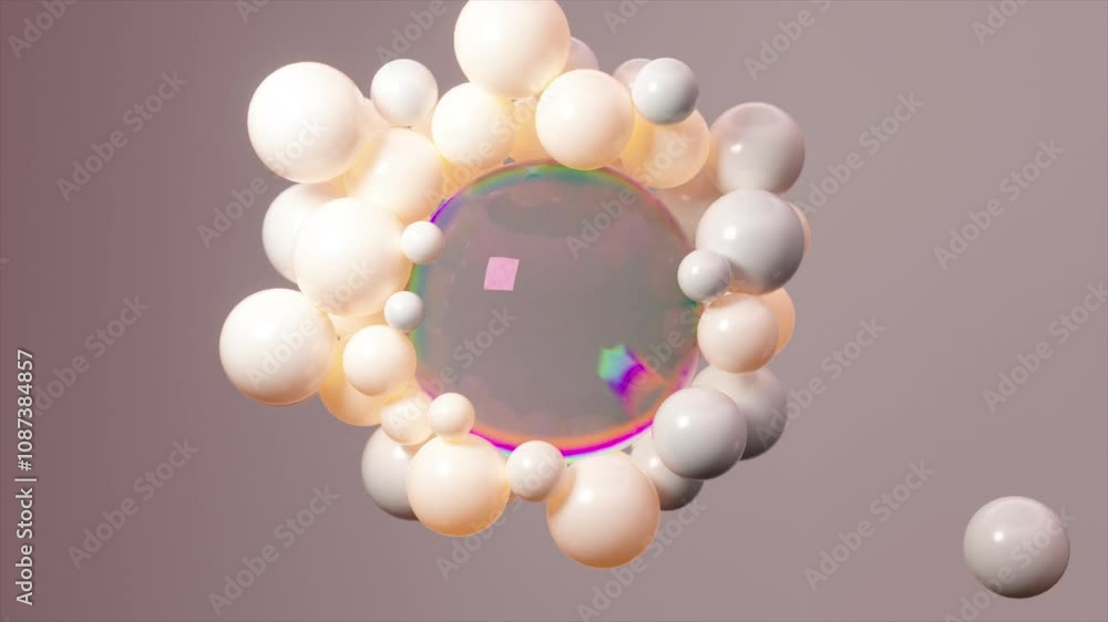 Poster large, iridescent bubble is surrounded by smaller white spheres that rotate around it. the backgroun