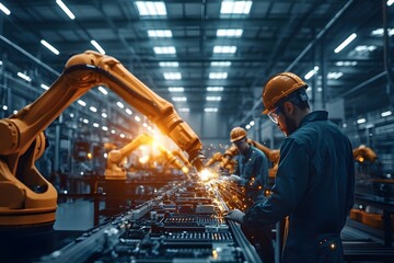 Wide shot capturing a seamless production line with robotic arms and workers in an industrial setting demonstrating advanced automation technology and productivity.