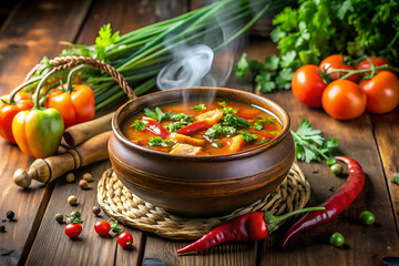 A steaming bowl of vegetable soup garnished with fresh herbs and colorful vegetables, set against a rustic wooden backdrop.