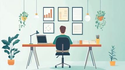 A person sitting at a tidy workspace with a laptop, various office supplies, framed pictures on the wall, and potted plants enhancing the room's ambiance.