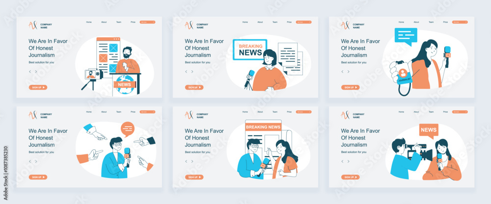 Fototapete journalism concept of landing page with slide templates set in flat design. website headers with peo
