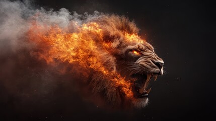Naklejka premium A powerful and majestic lion's head is engulfed in fierce and vivid flames, expressing strength, dominance, and an awe-inspiring image of fiery wildlife.