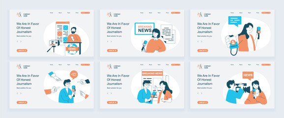Journalism concept of landing page with slide templates set in flat design. Website headers with people talk break news in tv show, take interview or comments with journalist id. Vector illustrations.