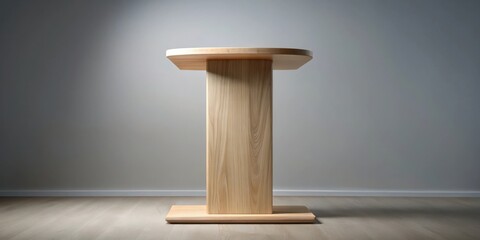 A minimalistic wooden table with a rounded top and a single rectangular leg, standing on a light wood floor against a neutral wall.