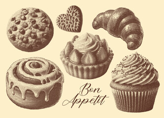 pastry desserts set, vintage photocopy stipple effect style, halftone design, cinnamon roll, cookie, croissant, cupcake, tart