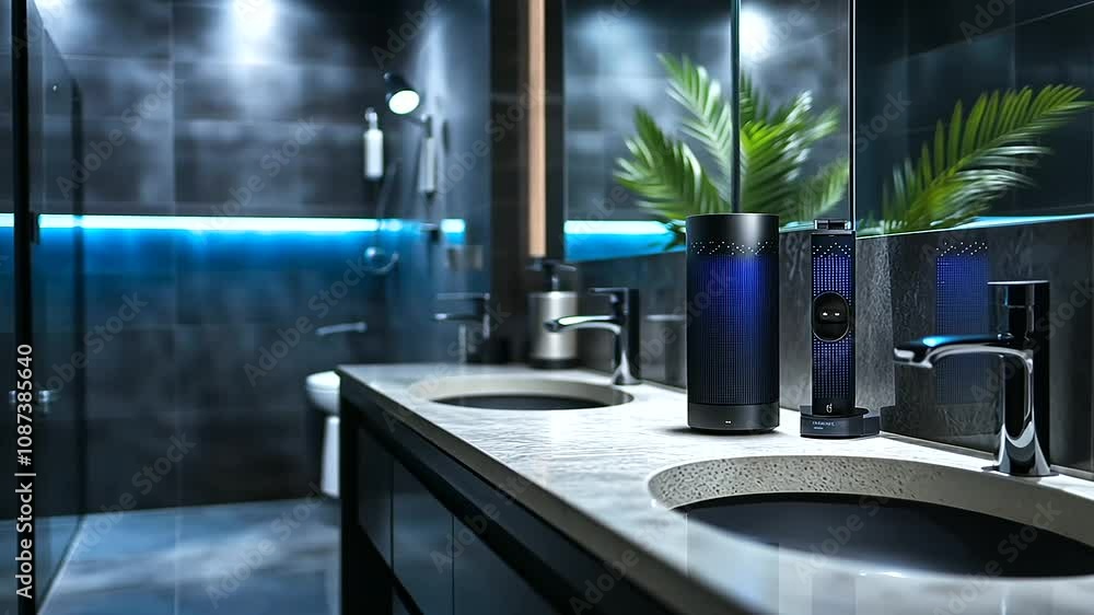 Poster a smart bathroom where mirrors display weather updates and speakers are voice-controlled, all linked