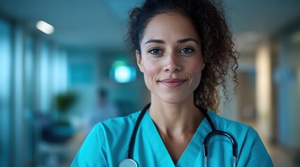 A nurse wearing a teal uniform exudes confidence and warmth in a clinical hallway, representing reliability and compassion within a professional healthcare context.