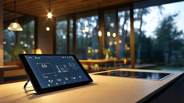 An energy-efficient home controlled via a smart thermostat and solar power system, with a tablet displaying energy usage in real time, highlighting how IoT helps in managing home e