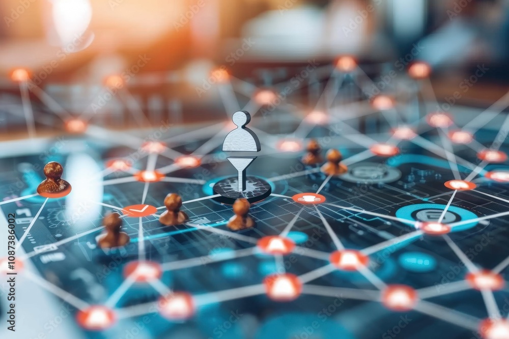 Poster a close-up view of a board game with colorful player pieces and interconnected paths on a digital ma