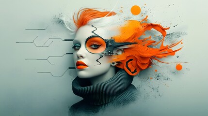 Captivating and surreal portrait of a woman with a striking almost otherworldly hairstyle and avant garde kaleidoscopic makeup set against a gritty industrial environment and infused with the bold