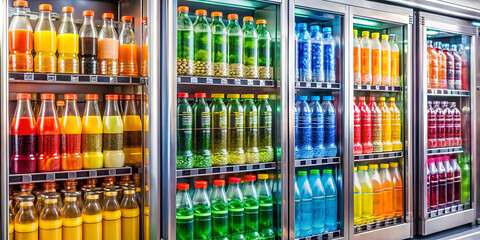 A vibrant display of various bottled drinks in a cooler, showcasing a rainbow of colors from juices and sodas.