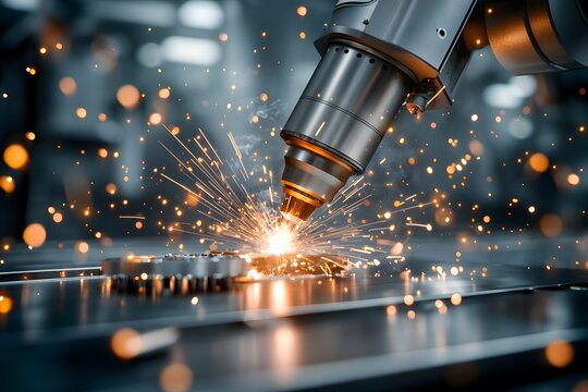 Detailed Macro Shot of a Robotic Arm Welding Metal Parts with Sparks Emanating in a Modern Industrial Environment