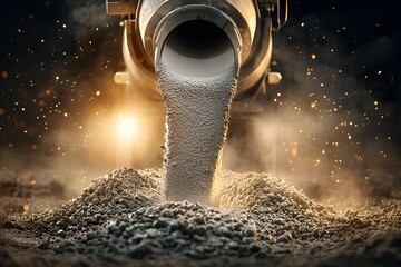 Powerful Concrete Mixer Truck Pouring Fresh Cement in Construction Site with Dramatic Lighting and Dust to Illustrate Industrial Work Environment and Machinery Operations