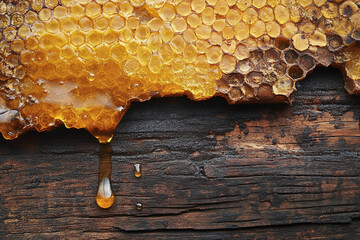 Honeycomb close-up with honey drips on a rustic wood texture.