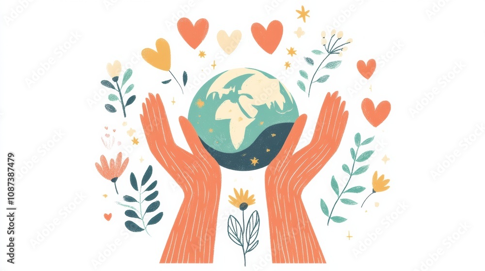 Poster the logo features hands supporting a globe surrounded by flowers and hearts, promoting kindness and 