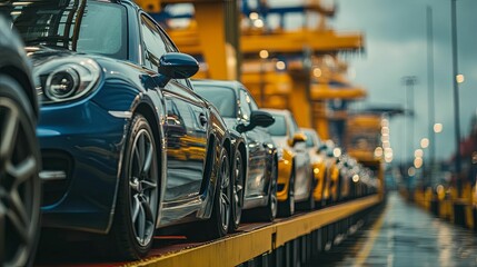 Obraz premium Luxury Cars Await Export Transportation Shipment
