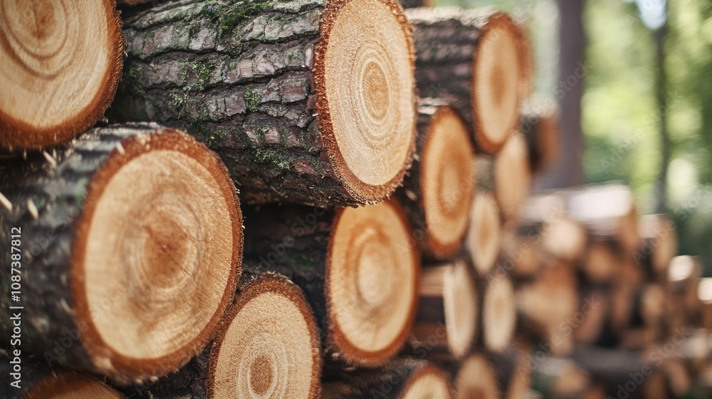 Poster Stacked tree logs in a forest setting