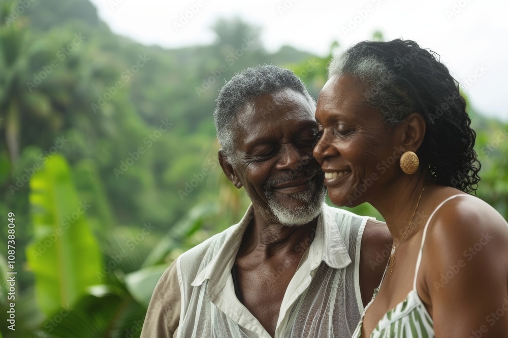 Poster Portrait of a blissful afro-american couple in their 50s dressed in a breathable mesh vest in front of lush tropical rainforest