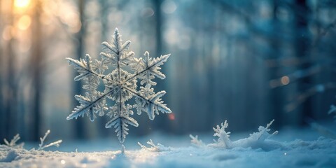 A delicate snowflake rests on a bed of snow with a blurred forest background, capturing the serene beauty of winter.