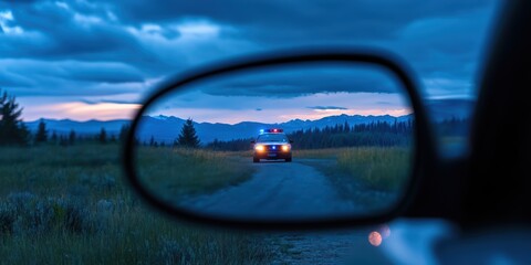 Nighttime Landscape with Police Car Lights Reflected in Side Mirror, Showcasing Dramatic Sky and Serene Nature in Twilight Setting