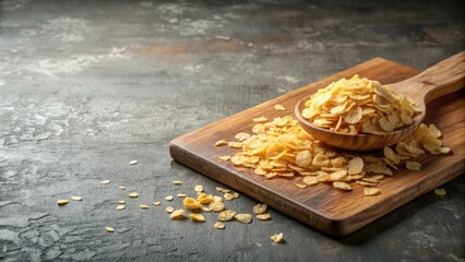 A close-up of a wooden spoon filled with crispy cornflakes, scattered on a wooden cutting board, set against a textured grey background.