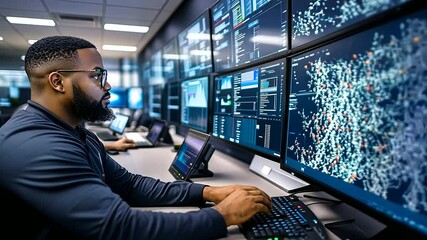 A Black cybersecurity professional monitors threat intelligence on a large wall of digital displays in a high-tech office, representing both technical expertise and the vital need