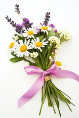 Obraz premium Beautiful Fresh Flower Bouquet with White Daisies, Lavender, and Colorful Blooms Tied with Pink Ribbon on White Background for Floral Decoration and Gift Use