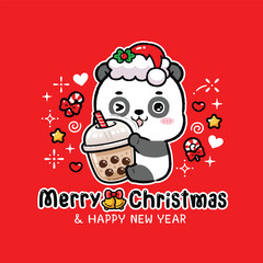 Cute Panda Wearing Santa Hat Hugging Bubble Milk Tea, Celebrate Christmas, Greeting Card