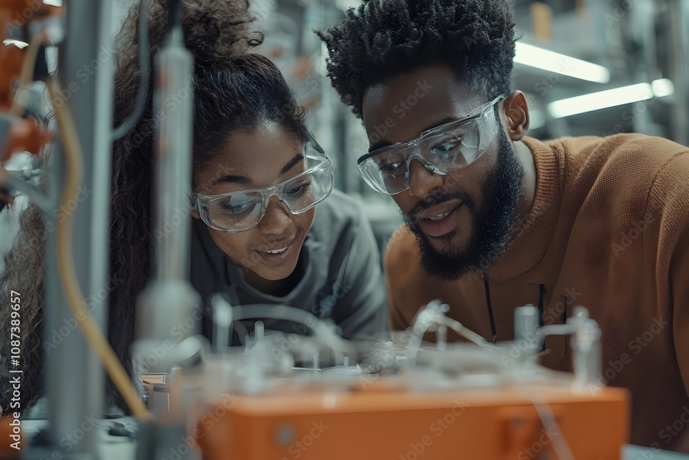 Poster a dynamic and energetic scene of joyful biotech startup founders gathered around a workstation exami