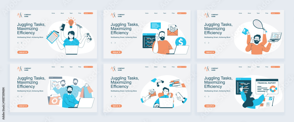 Poster multitasking concept of landing page with slide templates set in flat design. website headers with p