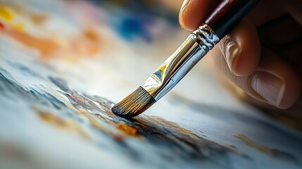 Artist Hand Painting with a Fine Brush on Canvas