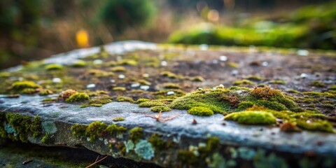 Fototapeta premium Close-up of a moss-covered rock, revealing intricate textures and a vibrant green hue, with a soft focus on the surrounding greenery.