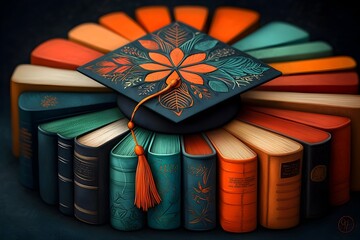 Vibrant kaleidoscopic close up of a graduation cap adorned with intricate geometric patterns resting on a diverse stack of books representing the rich tapestry of academia
