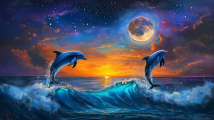 A scenary with dolphins swimming in the ocean , planet like object in sun rise sceen.
