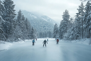 Joyful ice skaters gliding past snow-dusted evergreens.