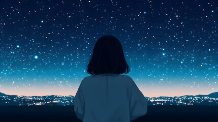 Serene Night Sky View: A Young Woman Gazing at a Starry Landscape Under a Clear, Brilliantly Lit Sky Filled with Twinkling Stars and Distant City Lights