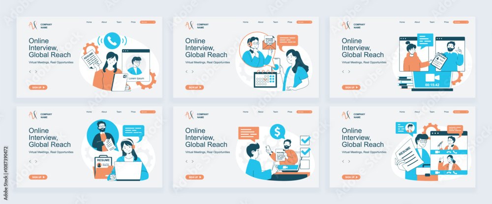 Poster online job interview concept of landing page with slide templates set in flat design. website header