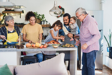 Latin family cooking together for Christmas dinner at home in Mexico Latin America, hispanic...
