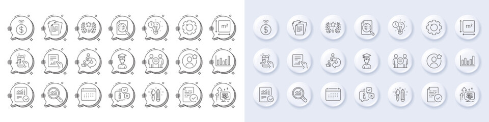 Ethics, Calendar and Time management line icons. White pin 3d buttons, chat bubbles icons. Pack of Column chart, Ranking, Music phone icon. Compliance, Student, Contactless payment pictogram. Vector