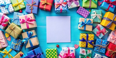 Obraz premium A Festive Array of Wrapped Gifts Decorated with Colorful Ribbons and Bows, Surrounding a Blank Card on a Vibrant Blue Background