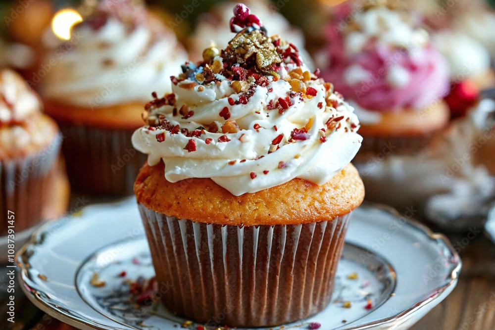 Poster cupcakes with a cream cap. it is located on a beautiful plate with a pattern around the edges. the c