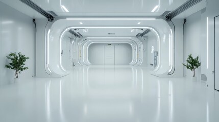 A pristine futuristic white corridor, with arching structures and soft lighting, suggests a high-tech environment, blending minimalism with advanced architectural design.