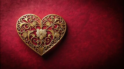 Fototapeta premium A golden filigree heart shape on a deep red background with a minimalist aesthetic