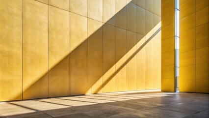Obraz premium Sunlight illuminating a modern building with a yellow tiled exterior and a long shadow stretching across the wall.