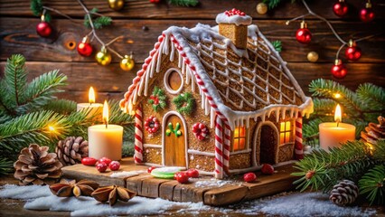 A whimsical gingerbread house with glowing windows, adorned with festive candy canes and surrounded by a snowy woodland scene.